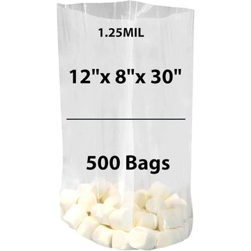 LDPE Clear Gusseted Poly bags 1.25 mil 12" X 8" X 30" 500 Bags